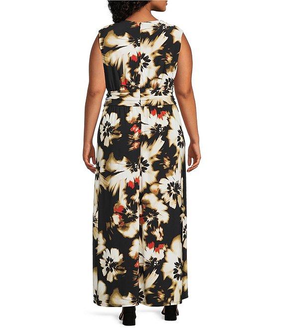 Anne Klein Plus Size Floral V-Neck Sleeveless Knot Front Maxi Dress Product Image