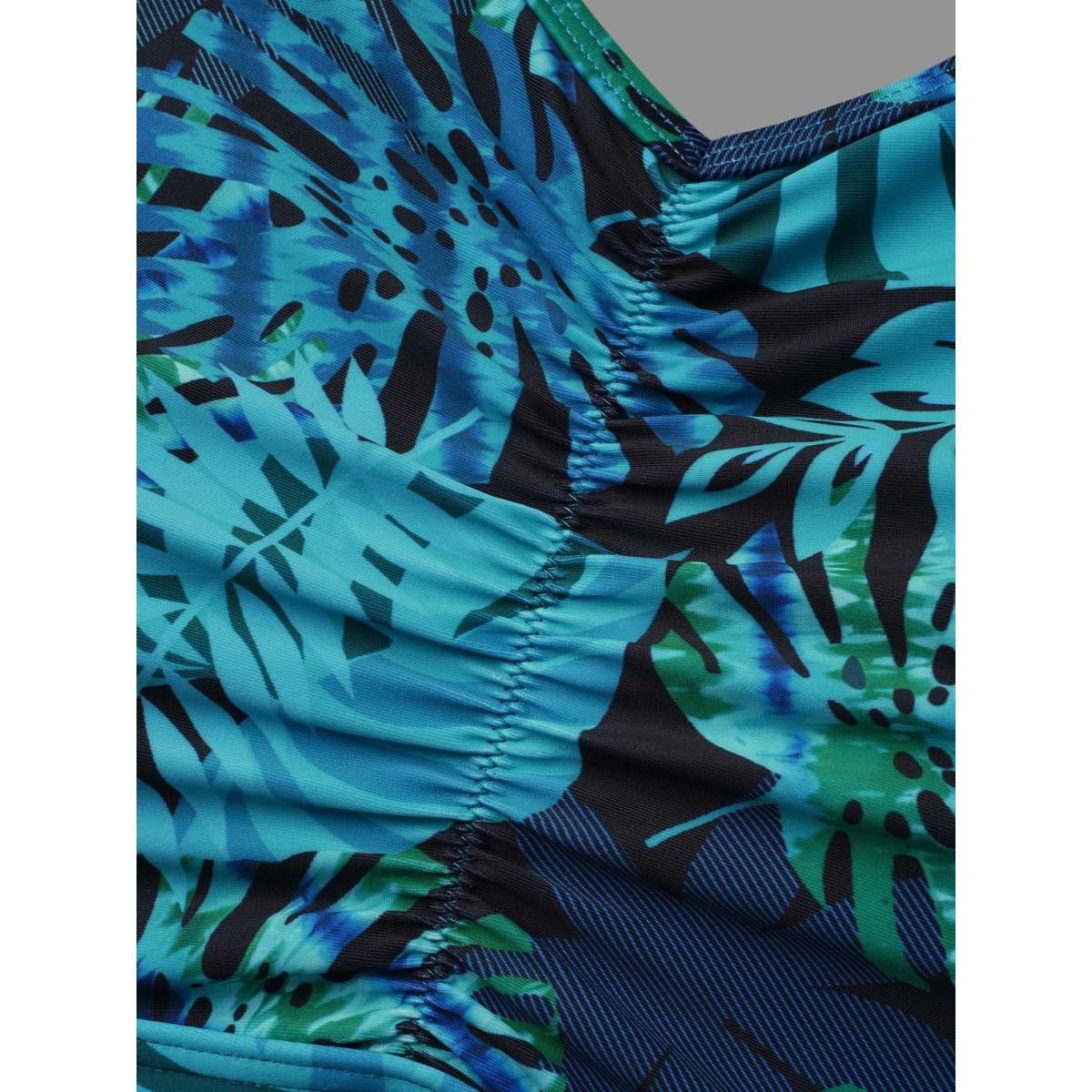 Plus Size Tropical Print Patchwork Mesh Side Slit Swim Dress Women's Swimwear Turquoise Beach Bodycon Heart neckline High stretch Curve Swim Dresses BloomChic 10/M Product Image