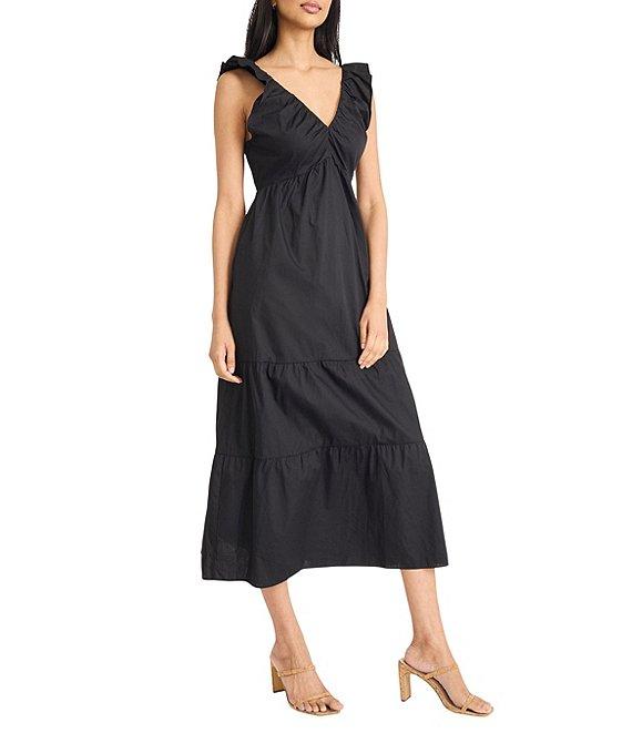 The Good Journey Ruffle V-Neck Smocked Back Tiered Cotton Poplin Midi Dress Product Image