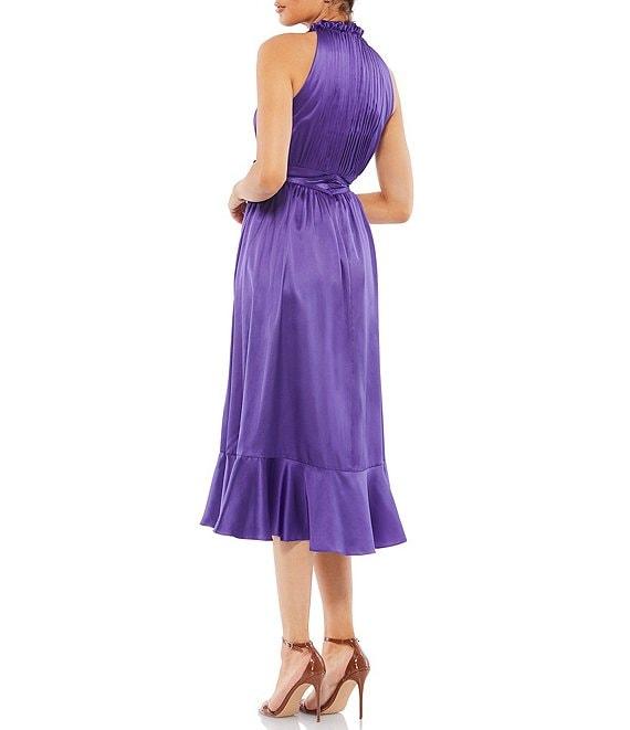 Mac Duggal Pleated Satin Ruffle Halter Neck Tie Waist Sleeveless Tiered Midi Dress Product Image