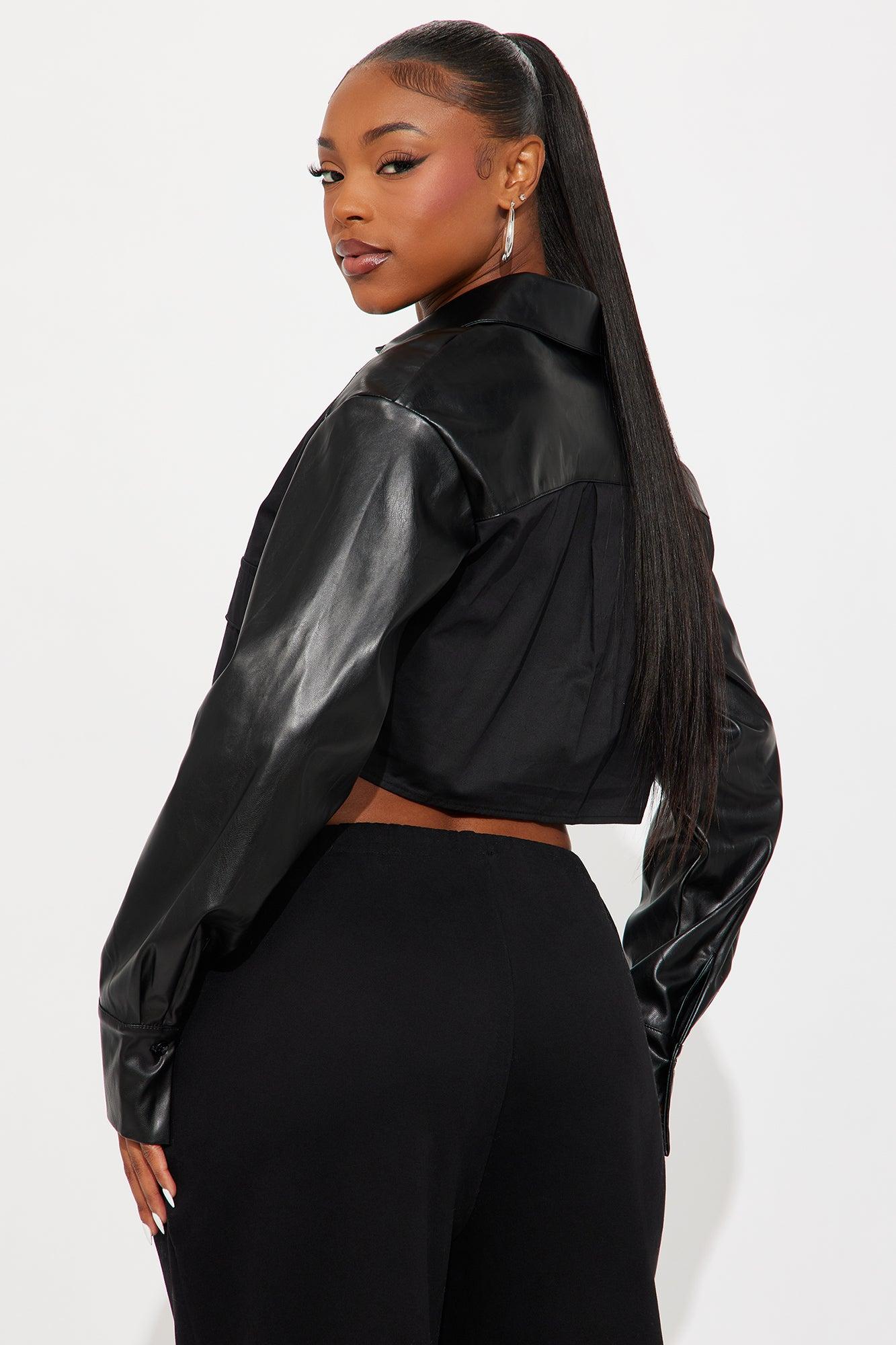 Hey Way Poplin Contrast Faux Leather Shirt - Black Female Product Image