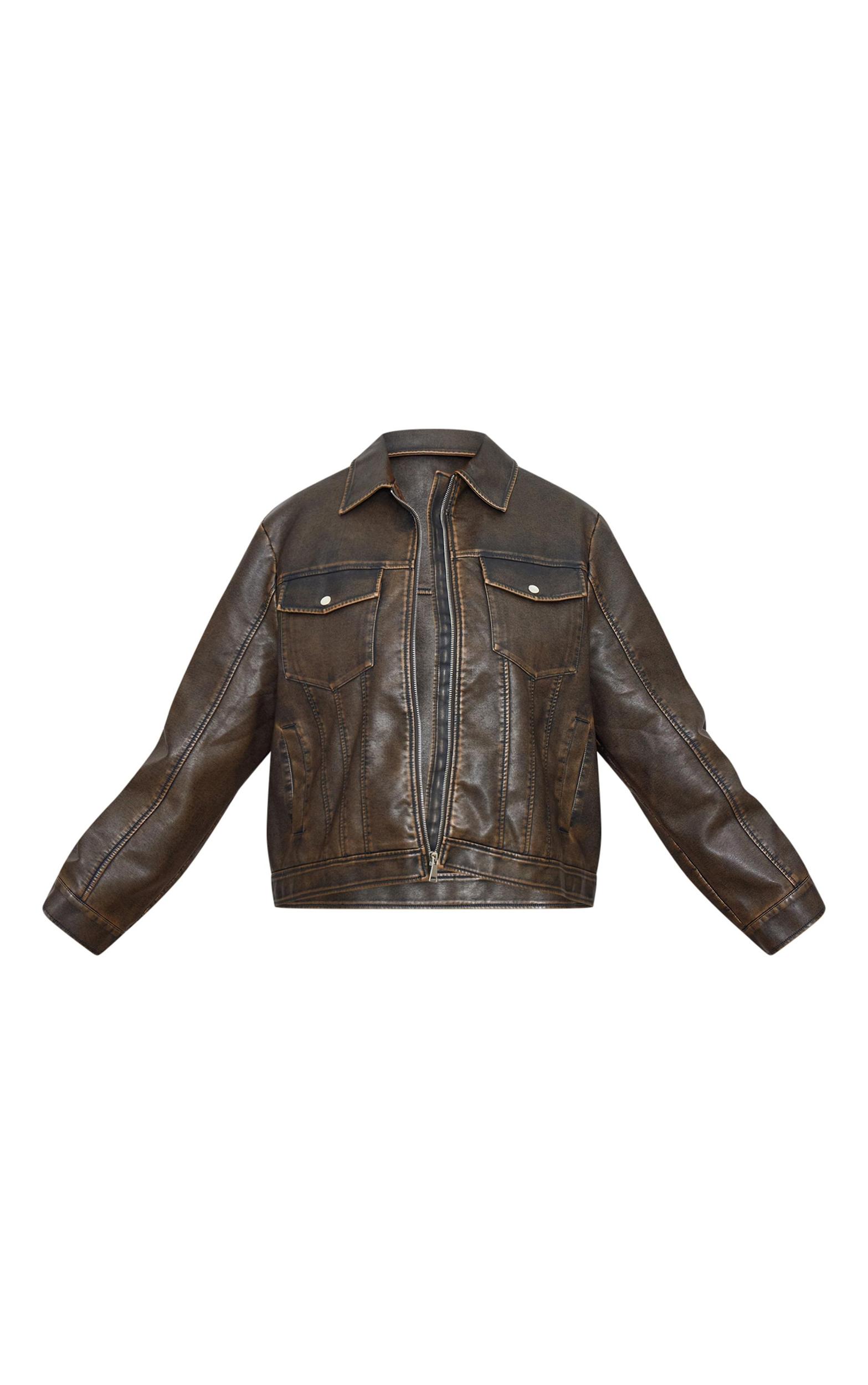 Plus Brown Washed Faux Leather Pocket Detail Bomber Jacket Product Image