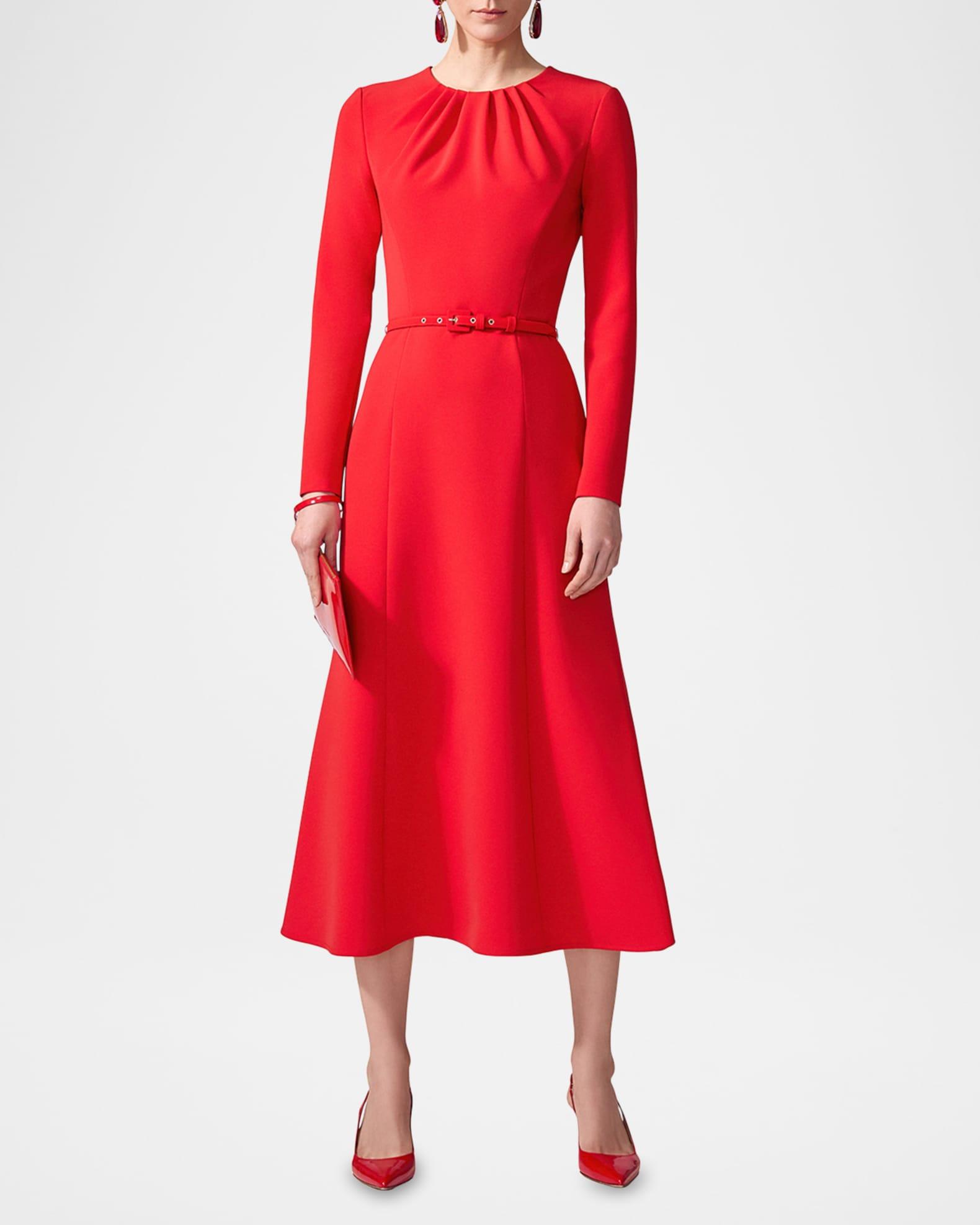 Gathered Neck Belted Long-Sleeve Midi Dress Product Image
