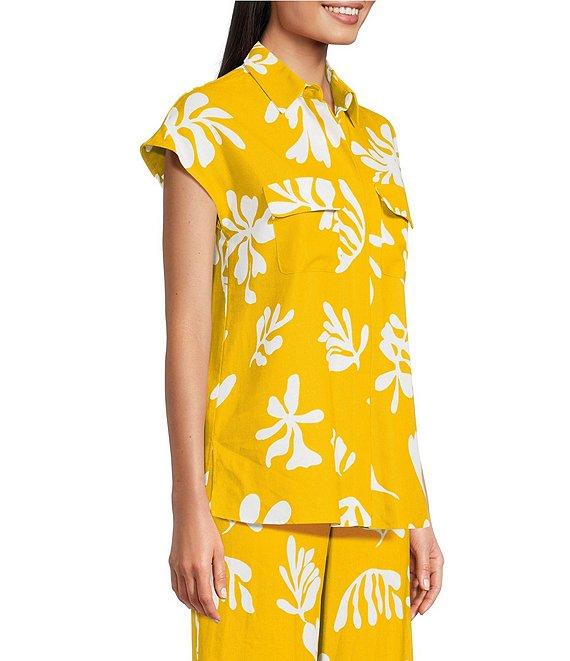 Marella Coordinating Addotto Linen-Blend Summer Leaf Print Point Collar Short Sleeve Patch Pocket Blouse Product Image