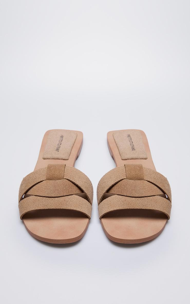 Beige Faux Suede Round Toe Flat Mule Sandals Product Image