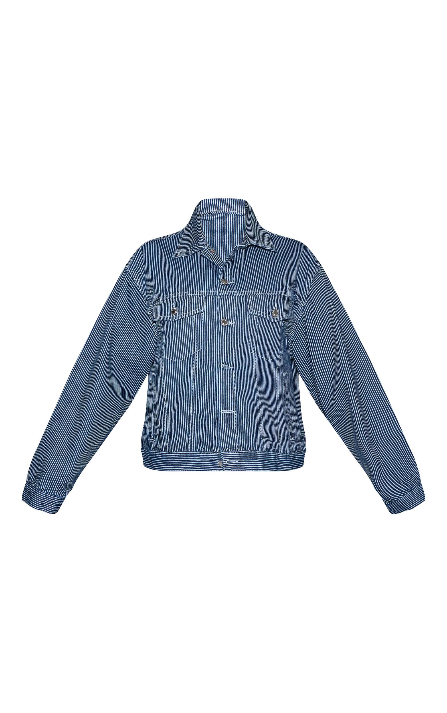  Dark Blue Striped Classic Denim Jacket Product Image