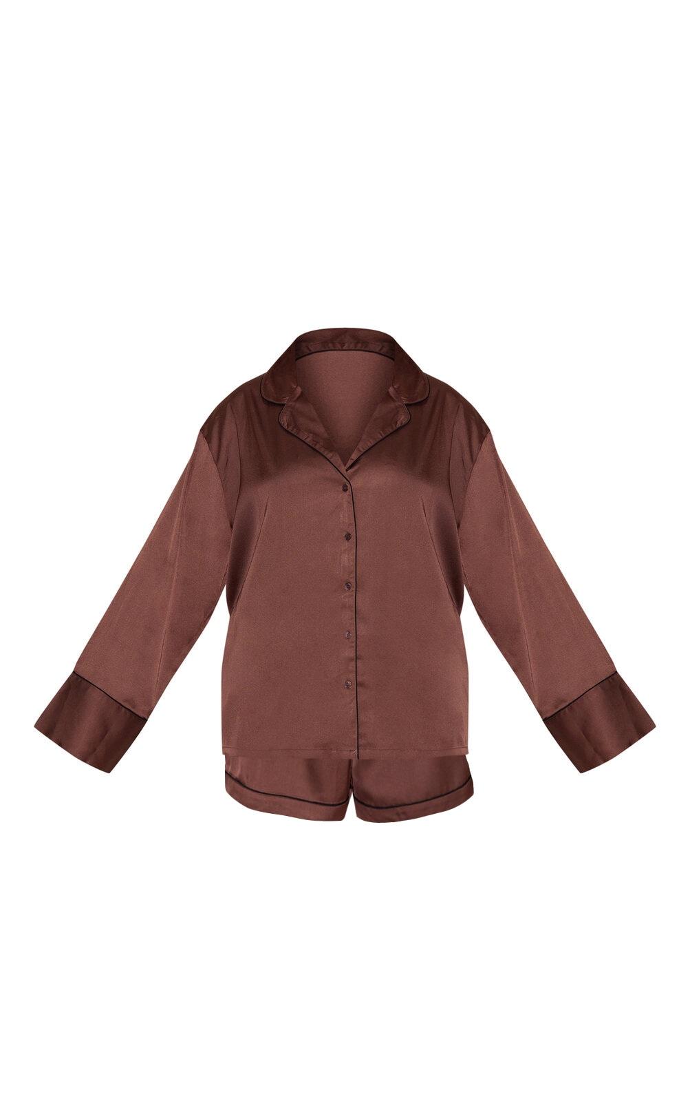 Plus Chocolate Satin Piping Long Sleeve Short Pj Set Product Image