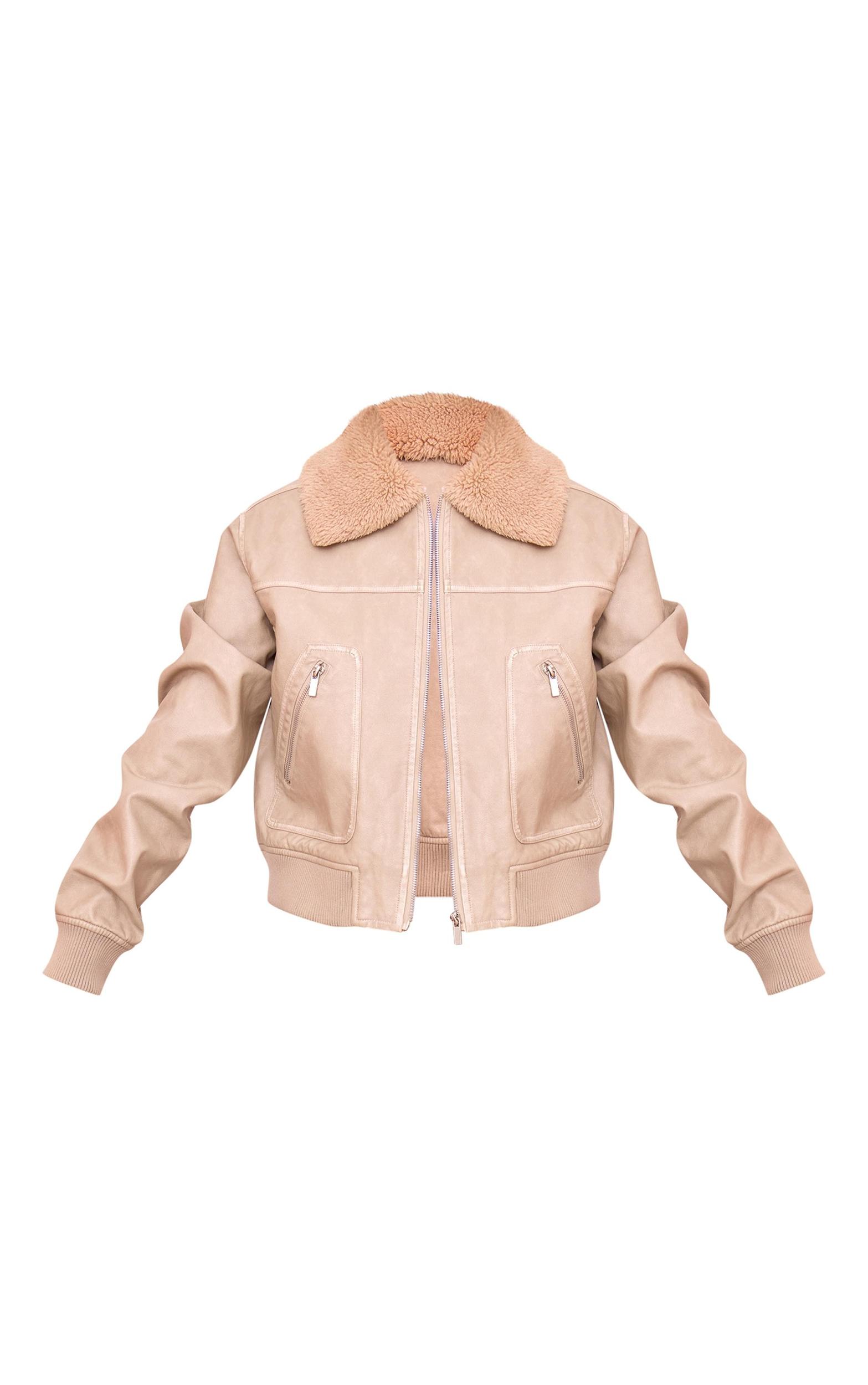 Stone Soft Pu Contrast Collar Cropped Jacket Product Image