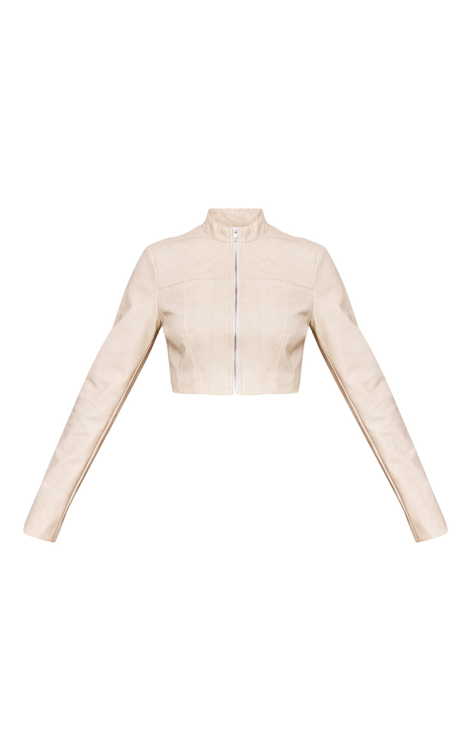 Cream Faux Leather Panel Details Biker Jacket Product Image