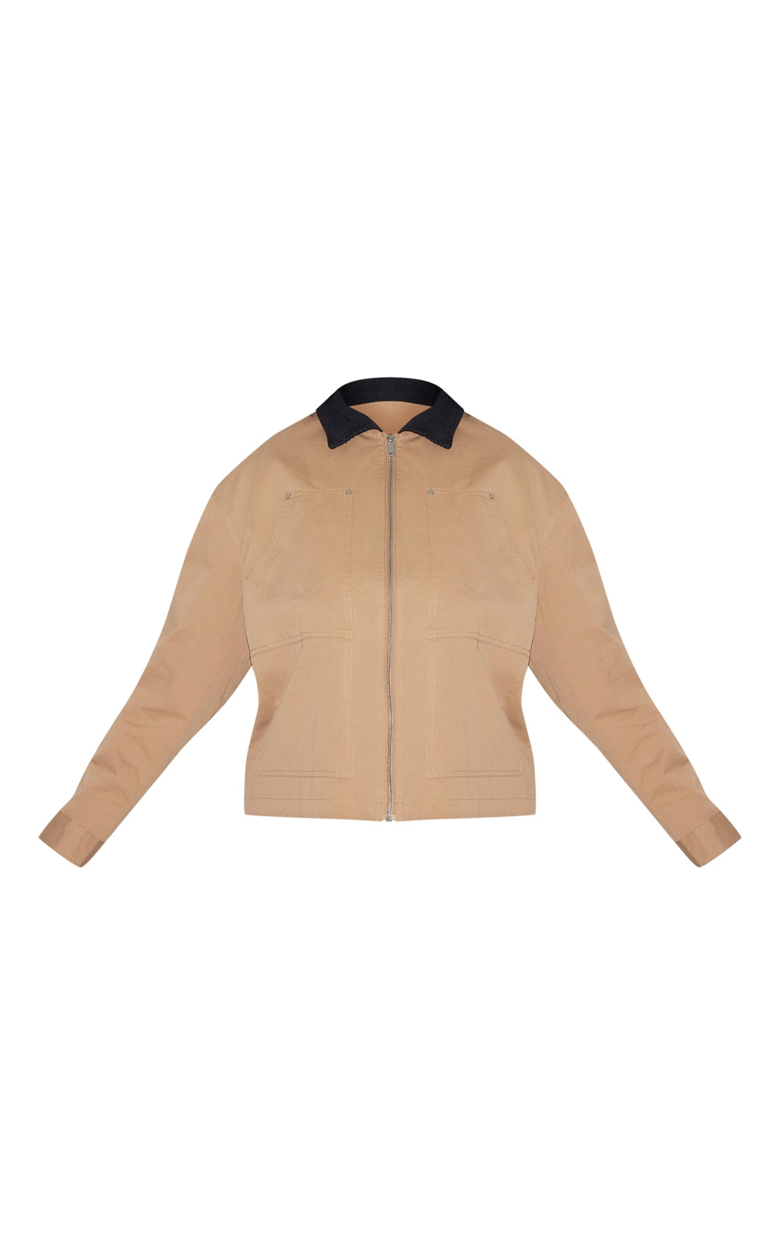 Plus Beige Contrast Collar Pocket Detail Trucker Jacket Product Image