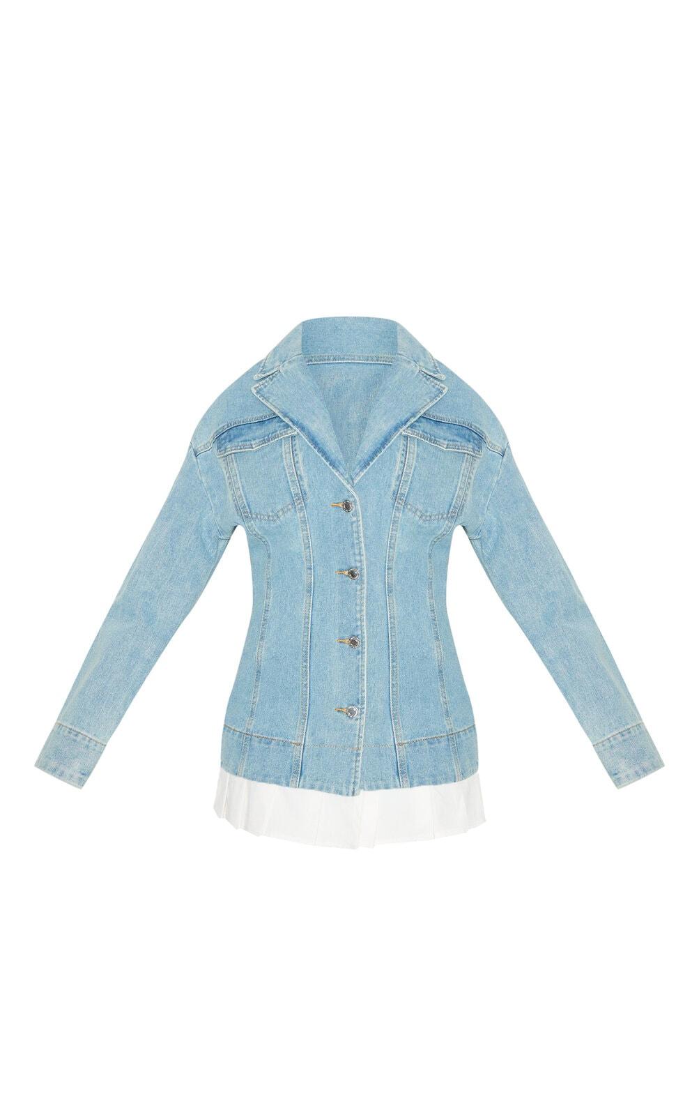 Petite Light Blue Denim Fitted Mini Dress With Pleat Details Product Image
