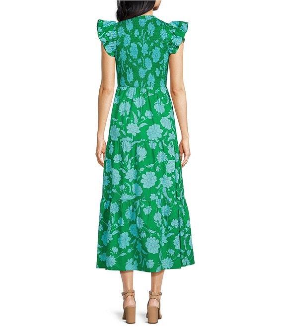 Sugarlips Floral Sunfire Print Smocked V-Neck Sleeveless Tiered A-Line Midi Dress Product Image