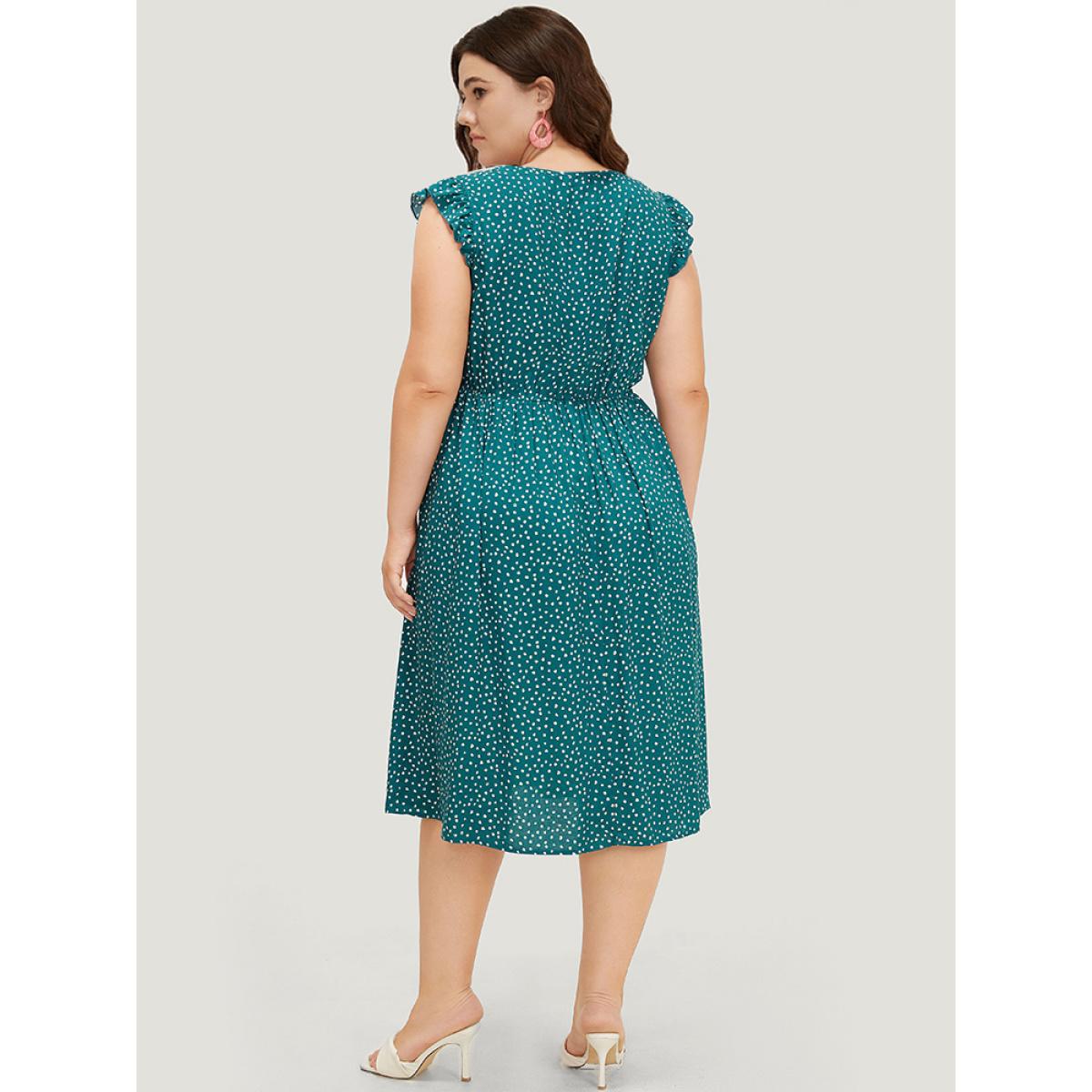 Plus Size Leopard Wrap Ruffle Trim Pocket Cap Sleeve Dress Cyan Women Elegant Wrap V-neck Cap Sleeve Curvy Midi Dress BloomChic 14-16/1X Product Image