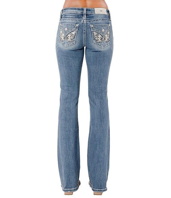 Miss Me Mid Rise Embellished Wing Back Flap Pocket 34#double; Inseam Bootcut Jeans Product Image