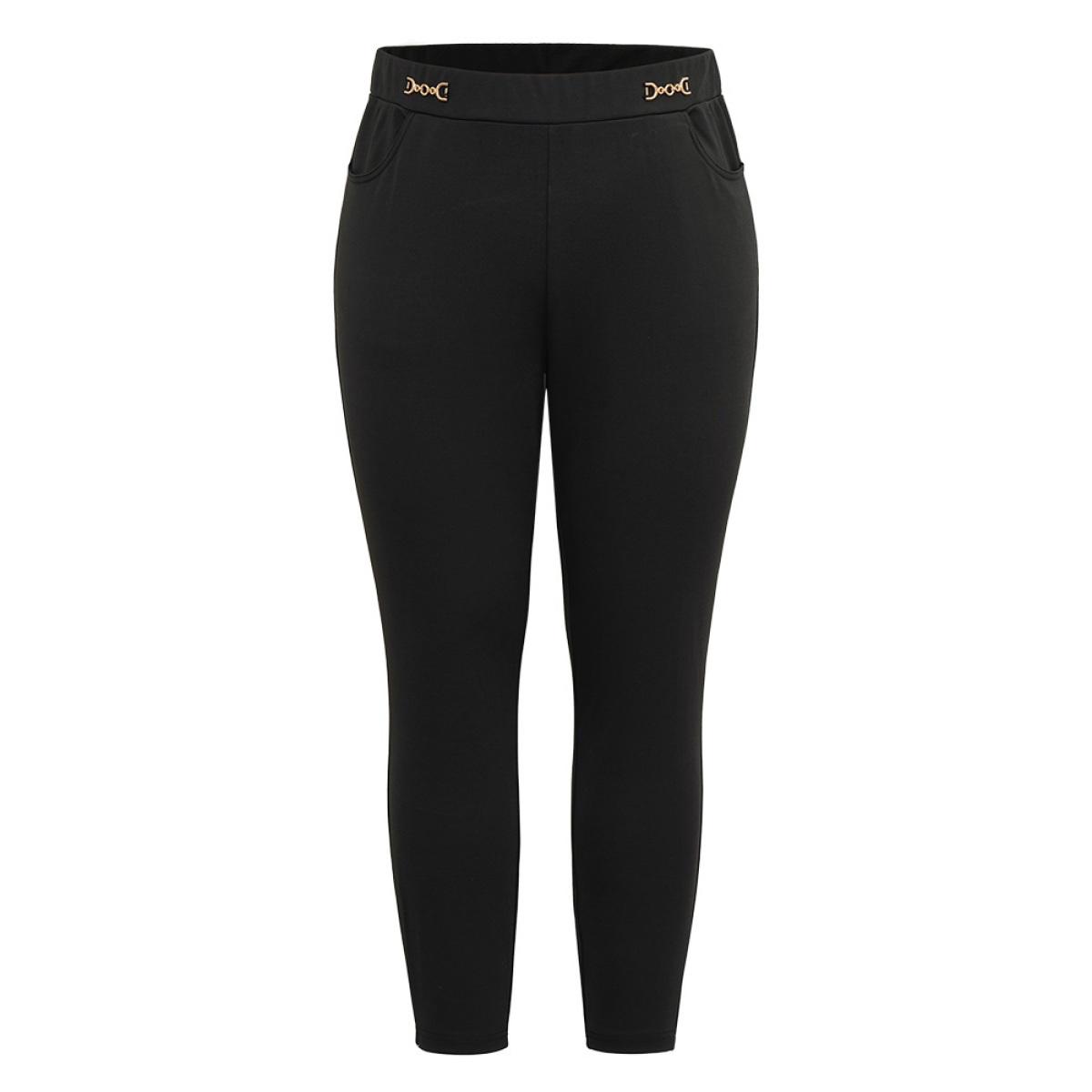 Plus Size Plain Buckle Detail Slant Pocket Pants Women Black Elegant Skinny High Rise Dailywear Pants BloomChic 18-20/2X Product Image