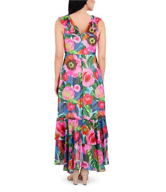 Kensie Chiffon Floral Print V Neck Sleeveless Blouson High-Low Midi Dress Product Image