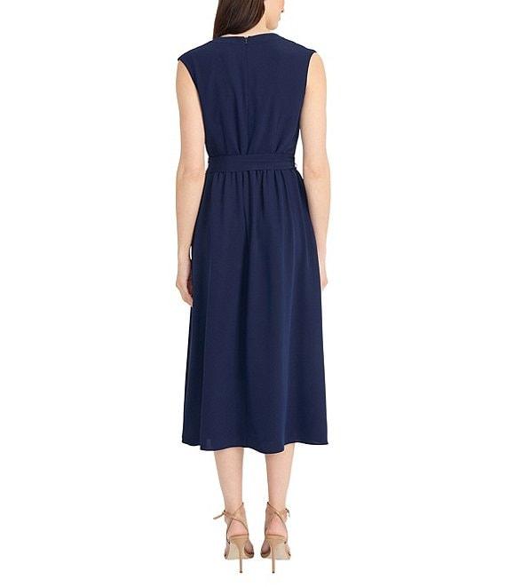 Maggy London V-Neck Sleeveless Belted Drape Twill A-Line Midi Dress Product Image