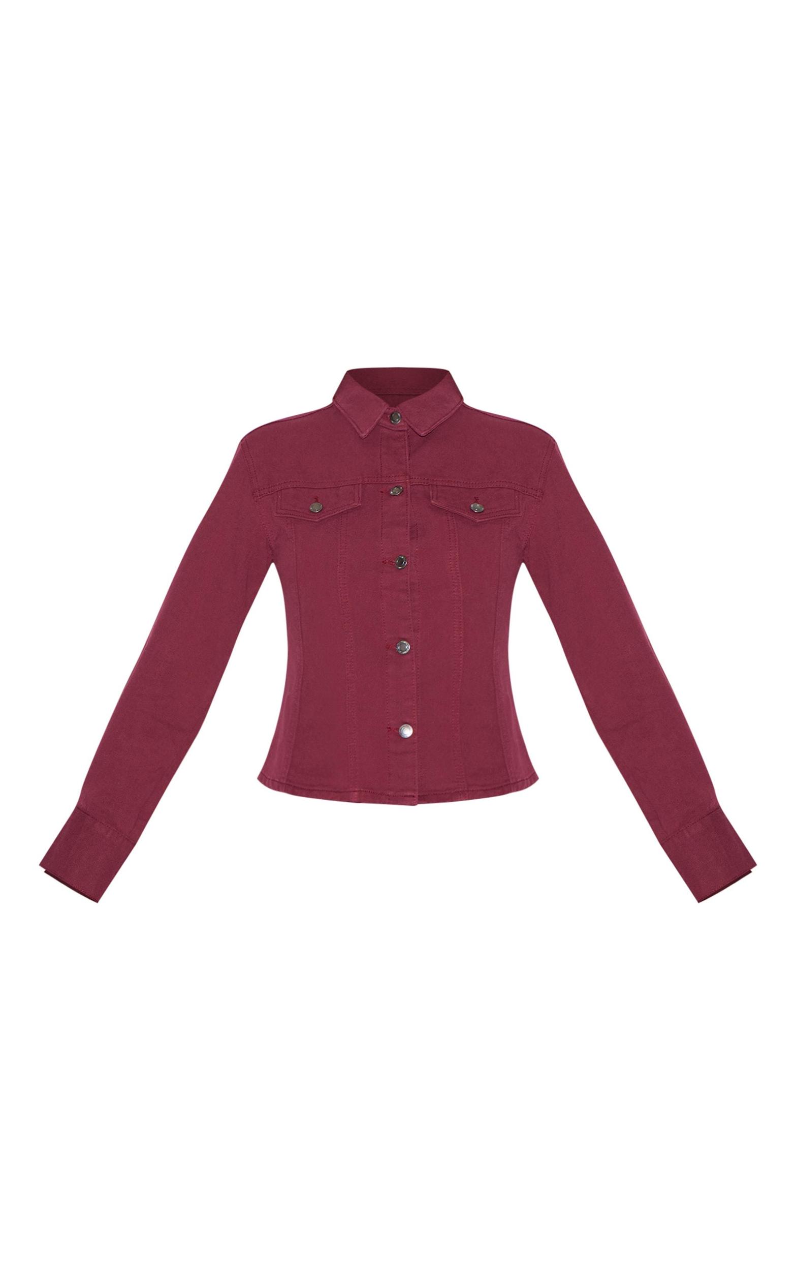 Burgundy Long Sleeve Cinch Waist Denim Jacket Product Image