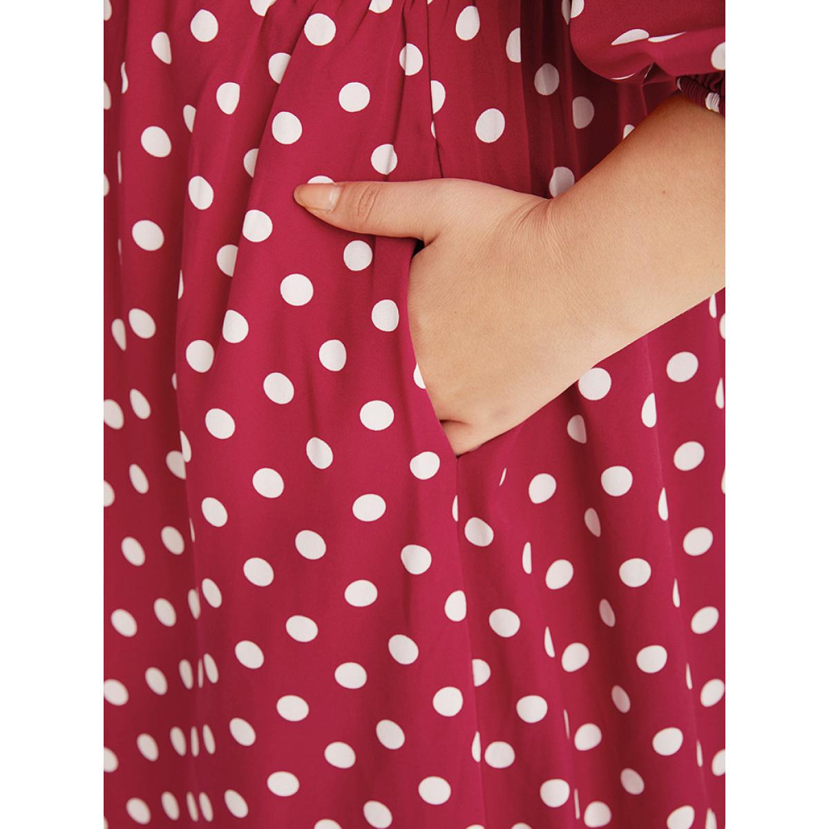 Plus Size Polka Dot Pocket Button Detail Lantern Sleeve Dress Scarlet Women Elegant Printed V-neck Half Sleeve Curvy Midi Dress BloomChic 12/L Product Image