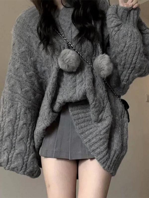 Oversize V Neck Gray Cable Knit Sweater Product Image