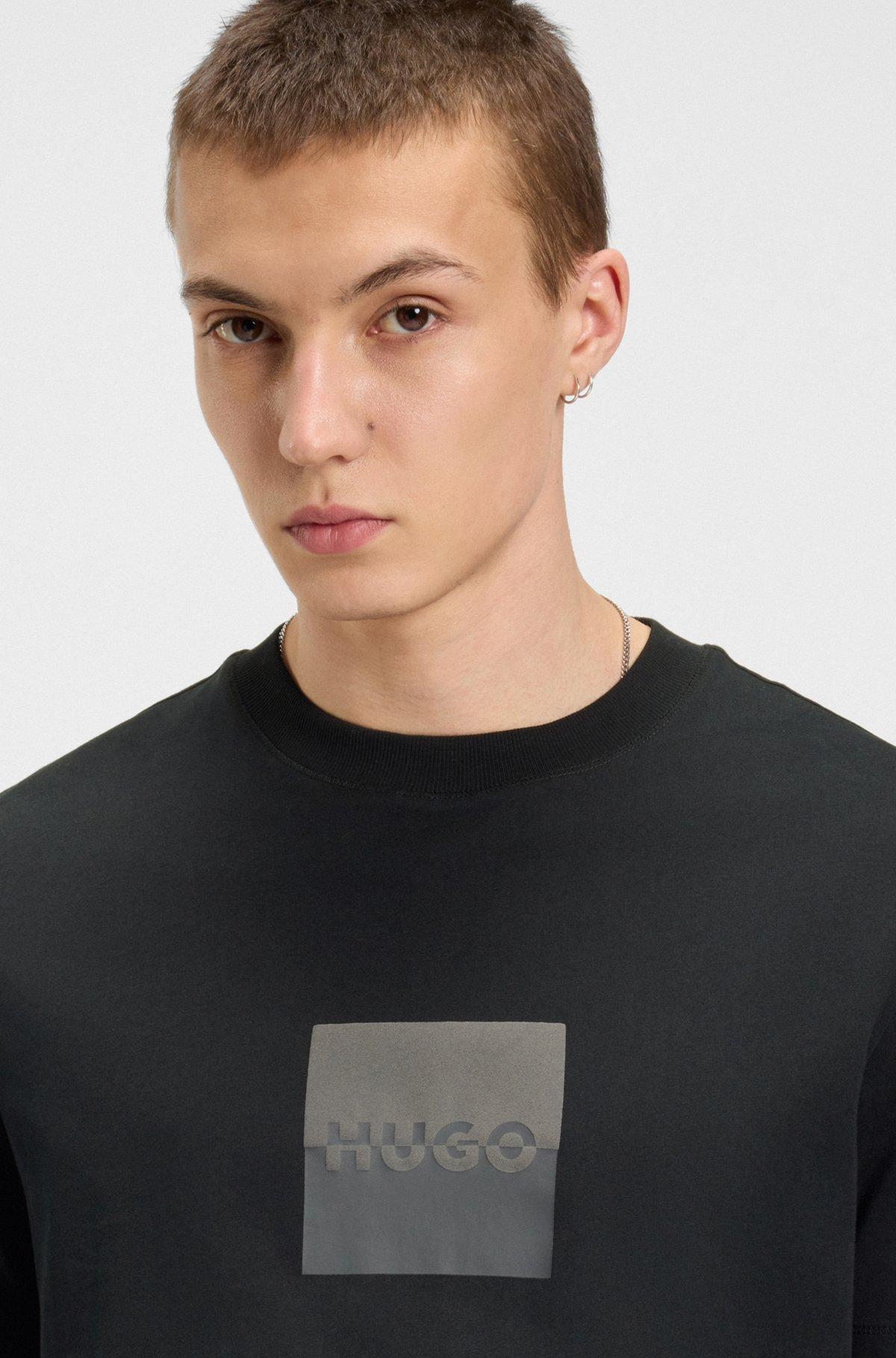 HUGO - Cotton-jersey T-shirt with split-logo print - Black Product Image