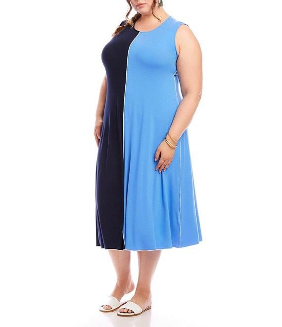 Karen Kane Plus Size Colorblock Crew Neck Sleeveless A-Line Midi Dress Product Image