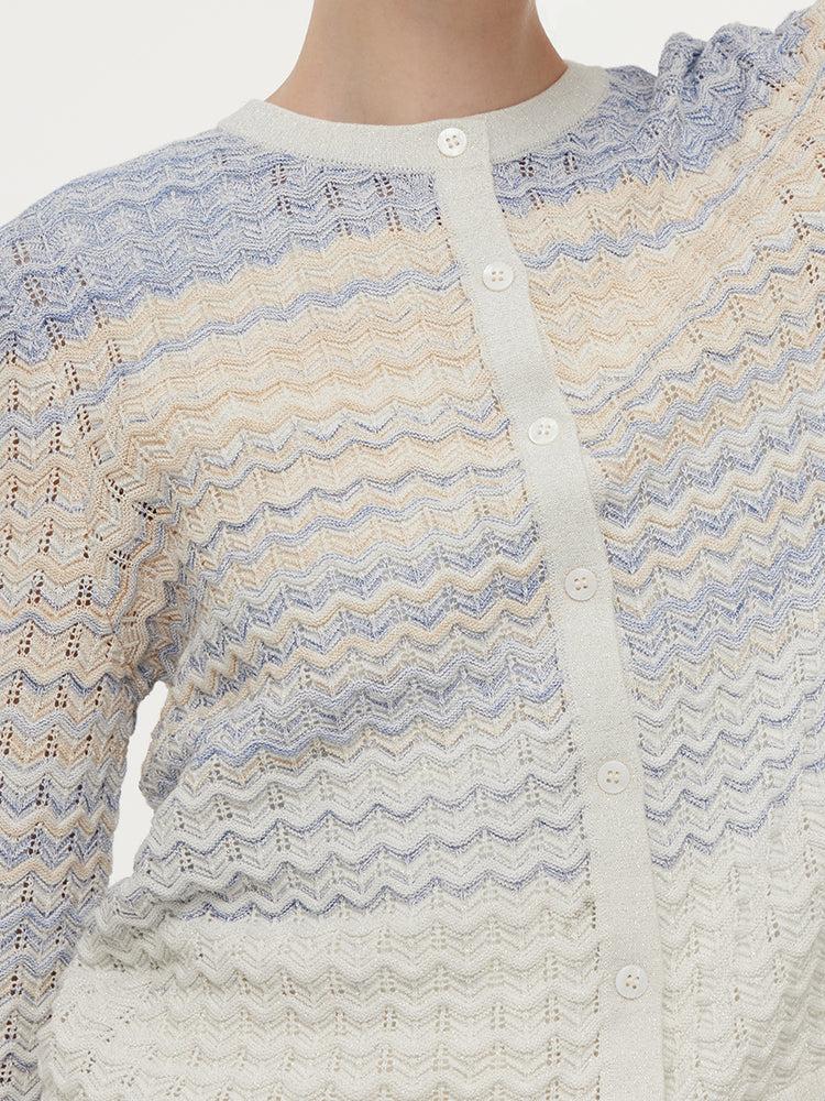 Cotton Blue And White Gradient Stripe Women Cardigan Product Image