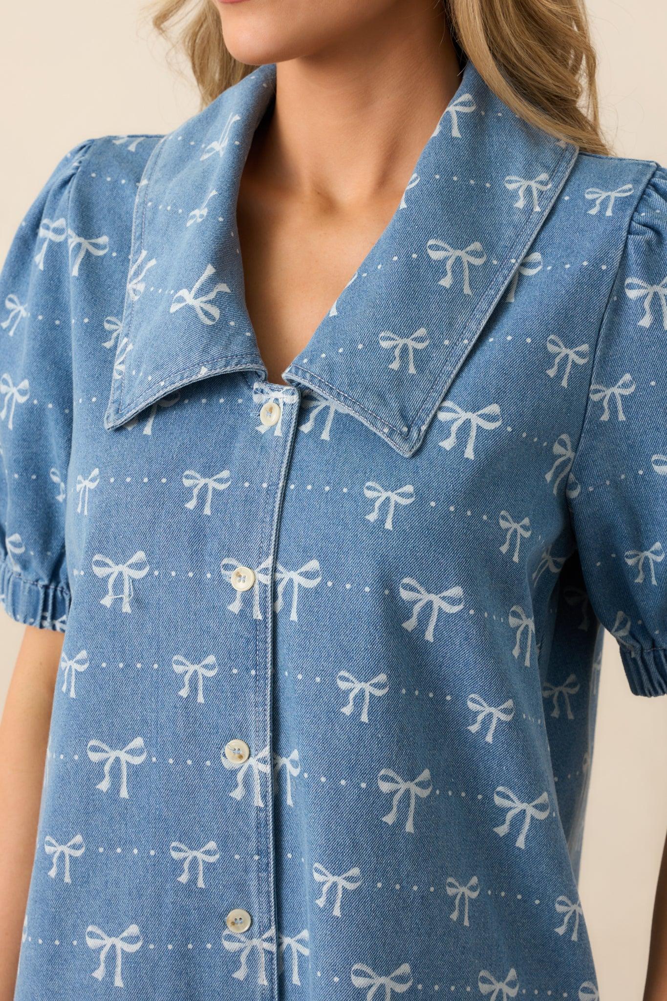 A Fine Line Medium Wash Denim Button Front Mini Dress Product Image