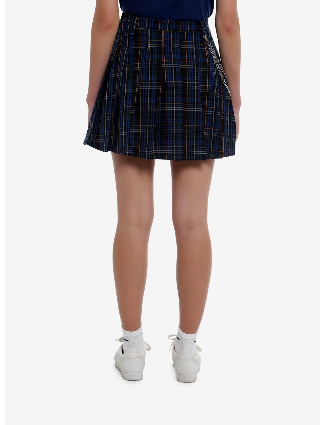 Social Collision® Blue & Orange Plaid Pleated Skirt With Chain Product Image