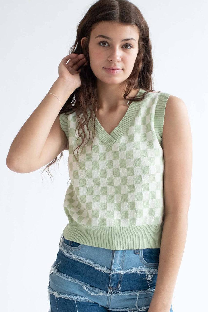 Moss Green Checkered Sweater Vest Product Image