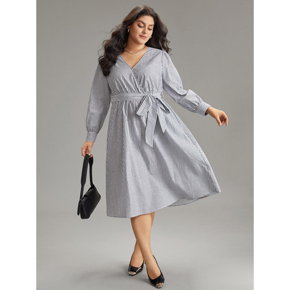 Plus Size Cotton Striped Belted Overlap Collar Dress SlateGray Women Office Wrap Overlap Collar Long Sleeve Curvy Midi Dress BloomChic 22-24/3X Product Image