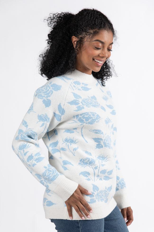 Feeling Like Love Ivory and Blue Floral Crew Neck Sweater FINAL SALE Product Image