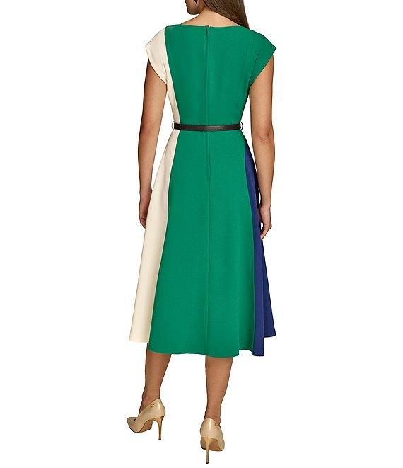 Donna Karan Color Block Boat Neck Cap Sleeve Belted Cady Crepe A-Line Midi Dress Product Image