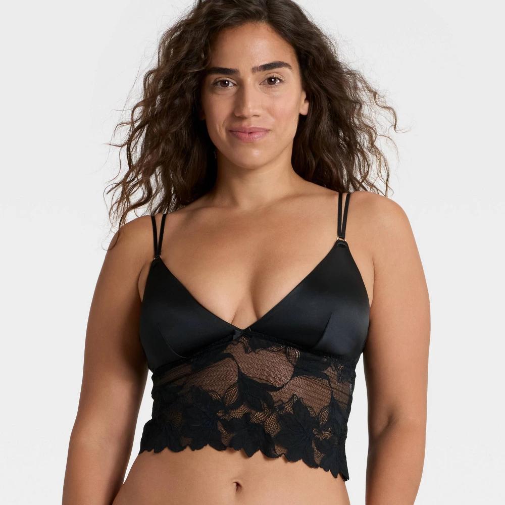 Women's Satin and Lace Removable Pad Longline Bralette - Auden™ Black S Product Image