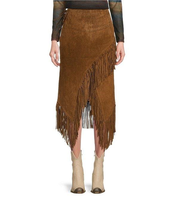 Scully Western Suede Leather High Rise Wrap Fringe Midi Skirt Product Image