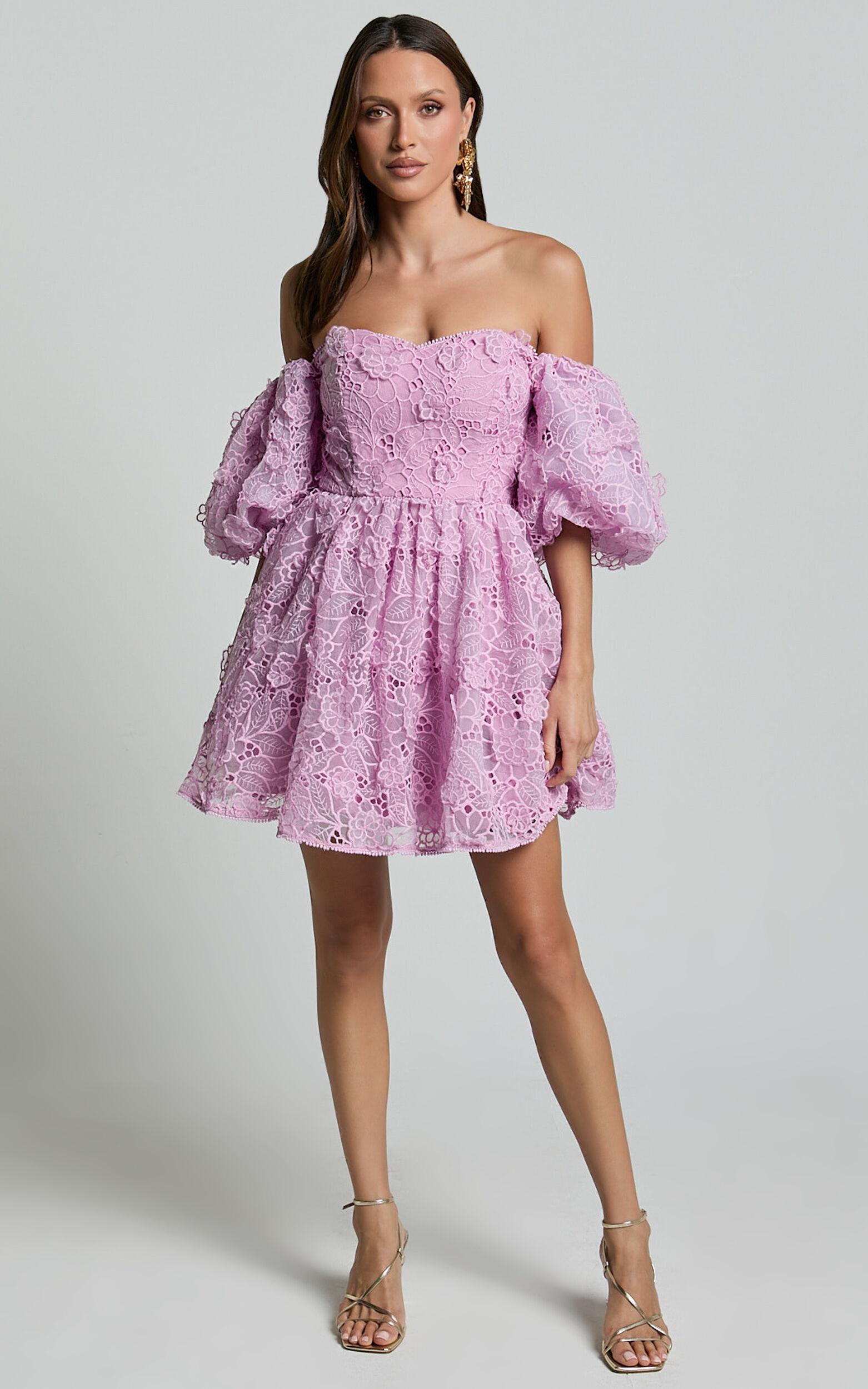 Amalie The Label - Lorena Sweetheart Off Shoulder Puff Sleeve Mini Dress in Purple Product Image
