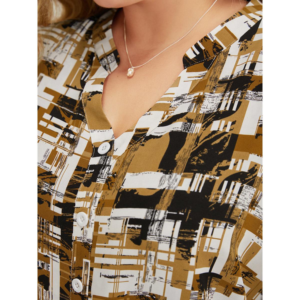 Plus Size Bronze Graphic Print Notched Button Detail Cuffed Sleeve Blouse Women Office Elbow-length sleeve Notched collar Office Blouses BloomChic 28/5X Product Image