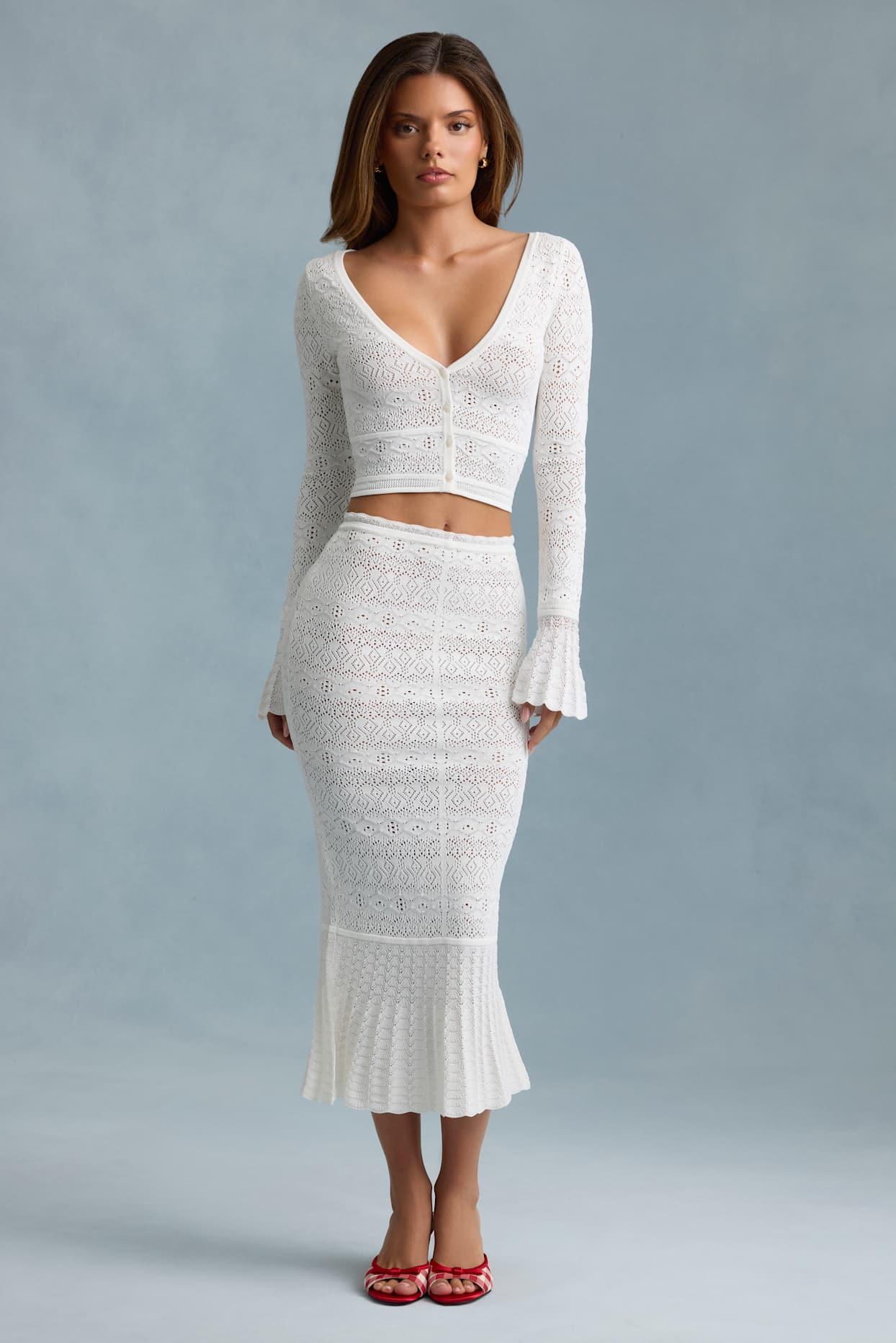 Ruffle-Trim Pointelle-Knit Midaxi Skirt in White Product Image