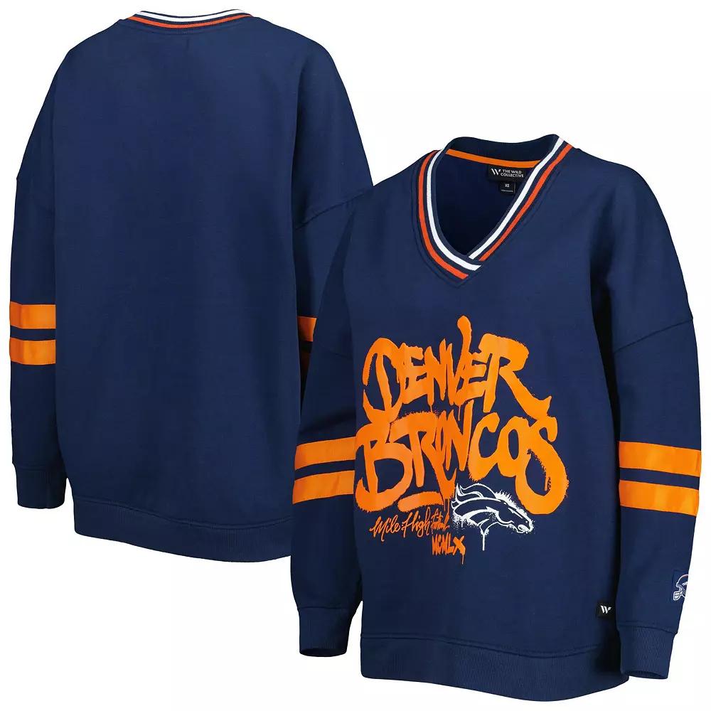 Women's The Wild Collective Navy Denver Broncos Vintage V-Neck Pullover Sweatshirt,  Product Image