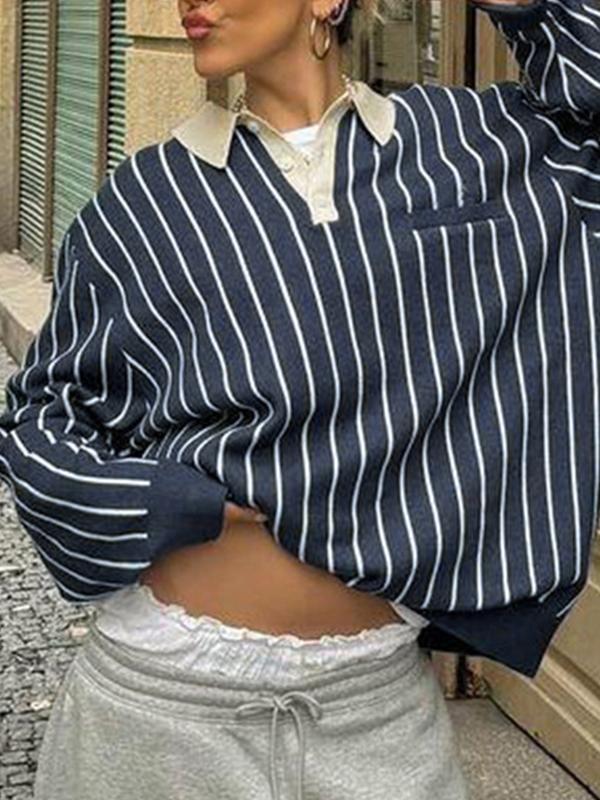 Striped Polo Neck Loose Oversized Long Sleeve Product Image