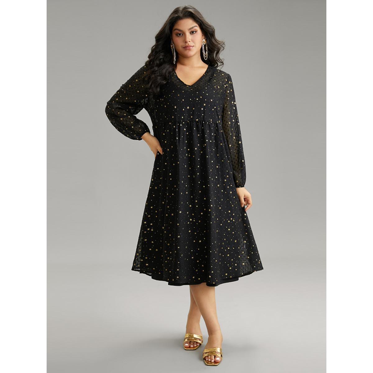 Plus Size Star Glitter Mesh Lantern Sleeve Ruffle Dress Black Women Party Elastic cuffs V-neck Long Sleeve Curvy Midi Dress BloomChic 18-20/2X Product Image