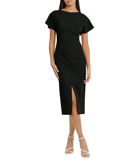 Donna Morgan Stretch Crew Neck Short Sleeve V-Back Midi Dress Product Image