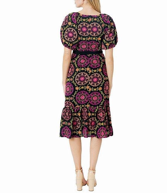 Sam Edelman Regalia Eyelet Placement Print V-Neck Short Puff Sleeve A-Line Midi Dress Product Image