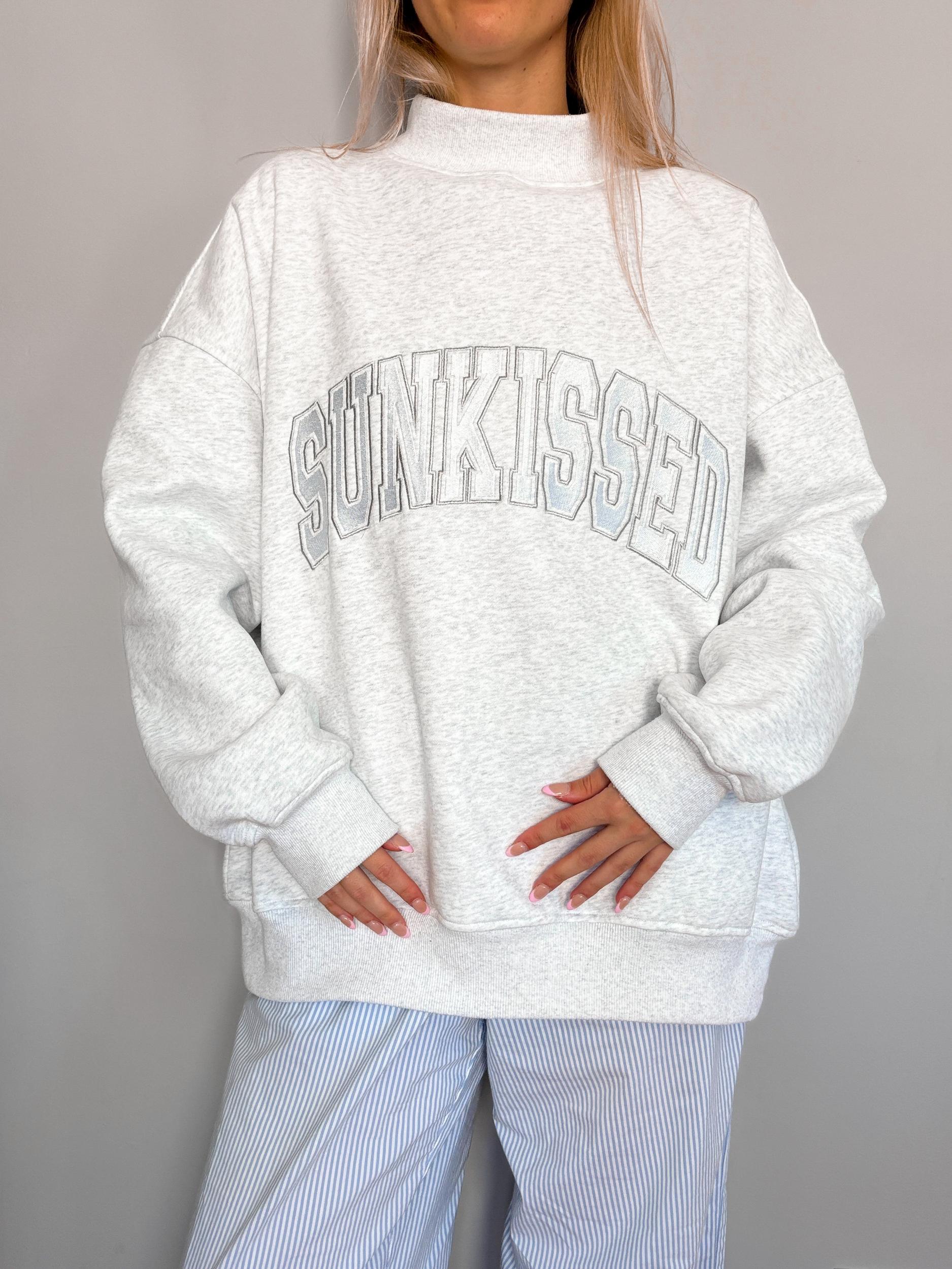 Pearl Grey Mockneck Sunkissed Varsity Embroider Sweatshirt Product Image