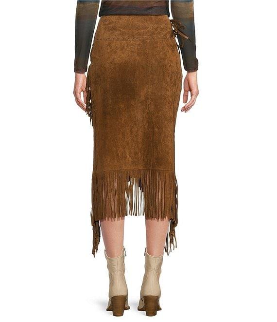 Scully Western Suede Leather High Rise Wrap Fringe Midi Skirt Product Image