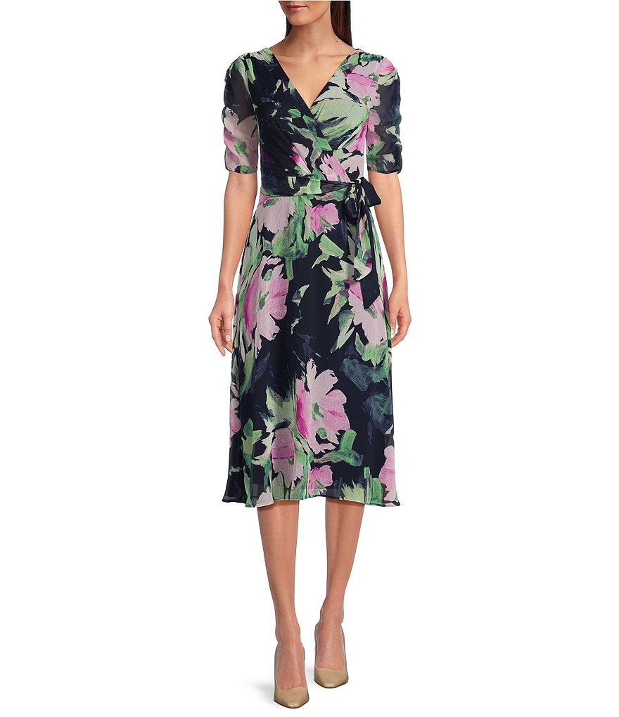 DKNY by Donna Karan Floral Surplice V-Neck Short Sleeve Faux Wrap Midi Dress Product Image