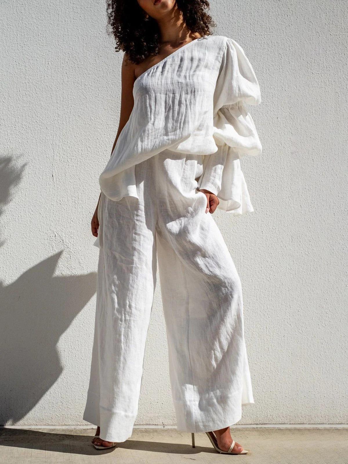 Flared Sleeves Loose Asymmetric Elasticity Pleated Solid Color Split-Joint One-Shoulder Blouses&Shirts Tops Product Image