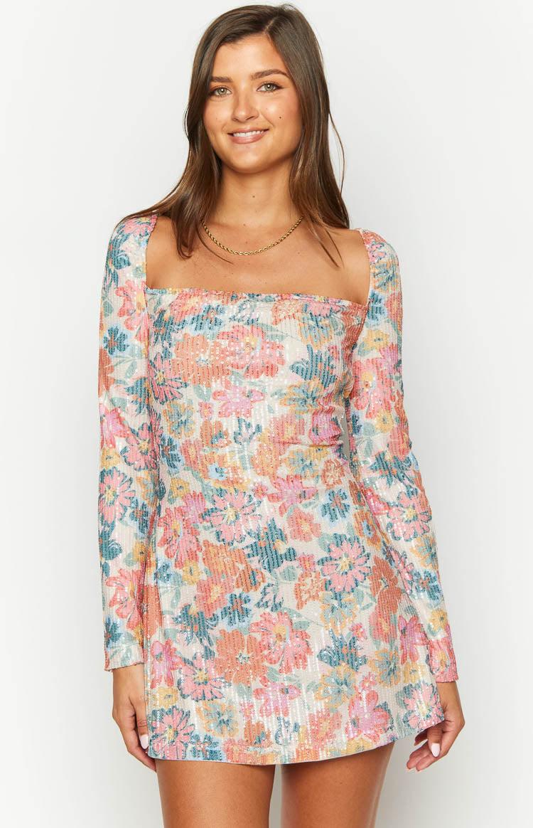 Marienne Pink Sequin Floral Print Mini Dress Product Image