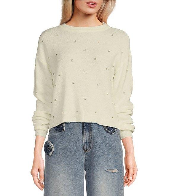 C&V Chelsea & Violet Round Neck Long Sleeve Scattered Rhinestones Sweater Product Image