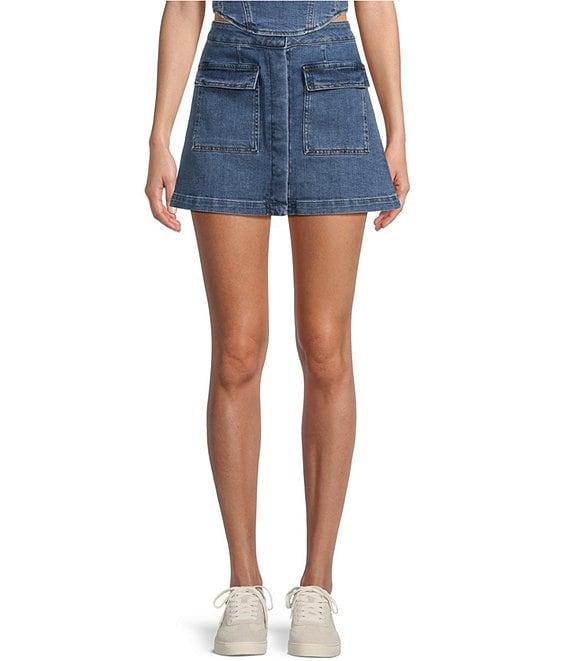 Chelsea & Violet Lena Denim A-Line Front Pocket Mini Skirt Product Image